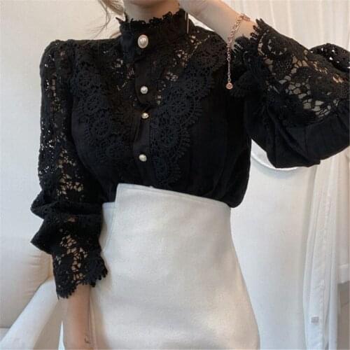 Lace Patchwork Women Shirt Petal Sleeve Hollow Out Ladies Shirts See Through Transparent Lace Tops Elegant Button Korean 2021
