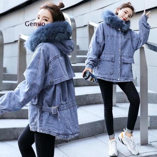 2020 Autumn Winter Women Demin Jacket Coat Faux Fur Collar Fleece Thick Warm Famale Jackets Top Drawstring Tunic Loose Lady Tops