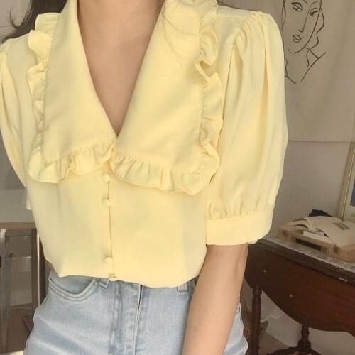 Summer Sweet Yellow Chiffon Blouse 2021 Women Peter Pan Collar Single Breasted Shirt Half Sleeve Tops