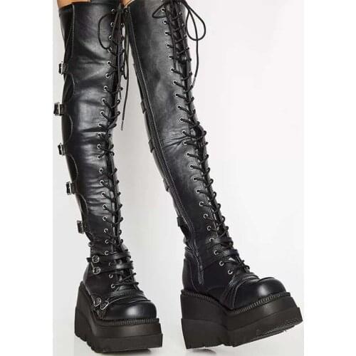 2021 New Womens Boots Autumn Winter Pu Leather Plus Size Fashion Ladies Shoes Thick Bottom High Boot Lace-Up Women Footwear