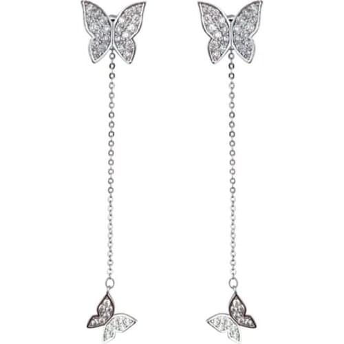 925 Sterling Silver Elegant Double Butterfly Long Tassel Drop Earring For Women Zircon Earrings Jewelry Gifts Wholesale S-E559