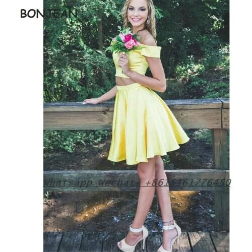 Yellow Evening Dress Short 2021 A Line Two Pieces Off-The-Shoulder Mini Satin Formal Evening Gown for Women