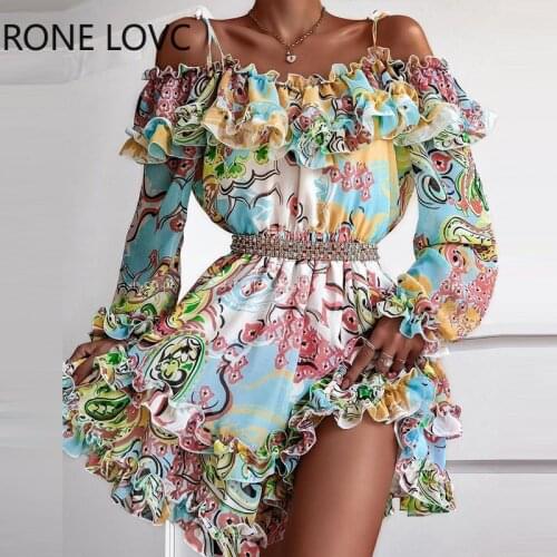 Women Cold Shoulder Ruffles Frill Hem Graphic Print Dress Summer Mini Dress