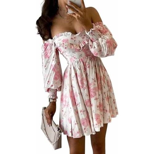 Women Robe Femme Spring Autumn Flower Print A-Line Dresses Shrinkage Ruffles Slash Neck Long Sleeve Slim Dress For Woamn Vestido