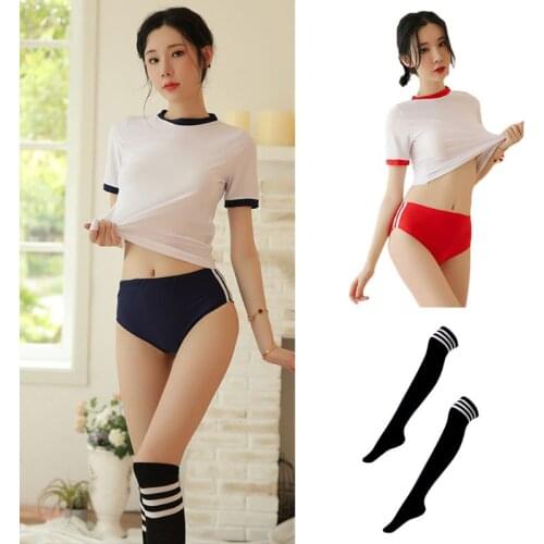 Women Sexy Japanese Schoolgirl Anime Uniform Lingerie Short Sleeve Crop Top Briefs Cosplay Cheerleading Sport Gym Suit