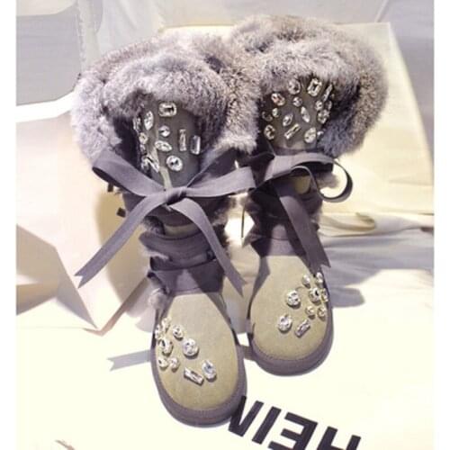 Winter new tide brand handmade luxury rhinestone snow boots fashion warm real leather riding boots