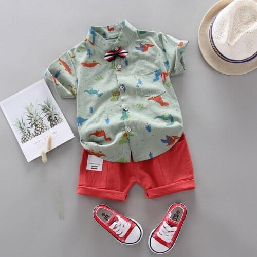 40# Toddlerdinosaur Print Clothing Baby Kids Boys Girls Short-sleeved Bow Tie Shirt Top + Shorts Gentleman Suit Детская Одежда