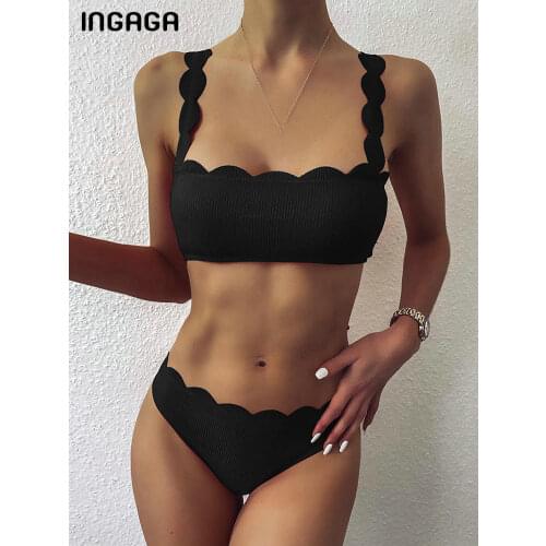 INGAGA Push Up Bikinis 2021 Swimsuits Scalloped Edge Swimwear Women Ribbed Bathing Suits Solid Bandeau Biquini Beach Bikini Set