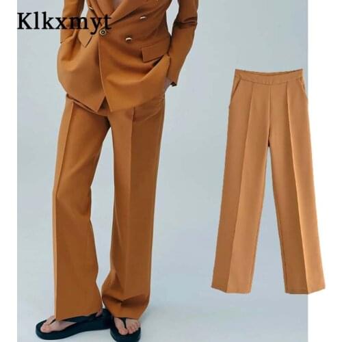 Klkxmyt Za Pants Women High Waist Oversize Khaki Wide Leg Pants Woman Summer 2021 Office Pants Women Fall Vintage Fluid Trousers