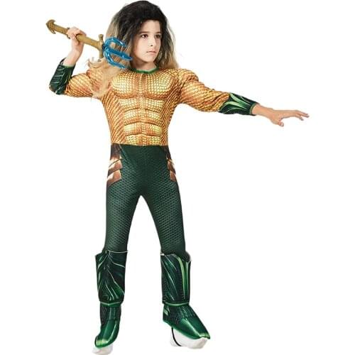 Kids Comic Superhero Aquaman Muscle Dress Up Halloween Fancy Dress Cosplay Costume For Child
