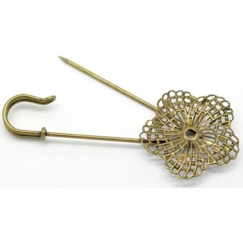 DoreenBeads Retail Antique Bronze Flower Safety Enamel Pin Brooches 8.3x3.4cm,sold per pack of 10