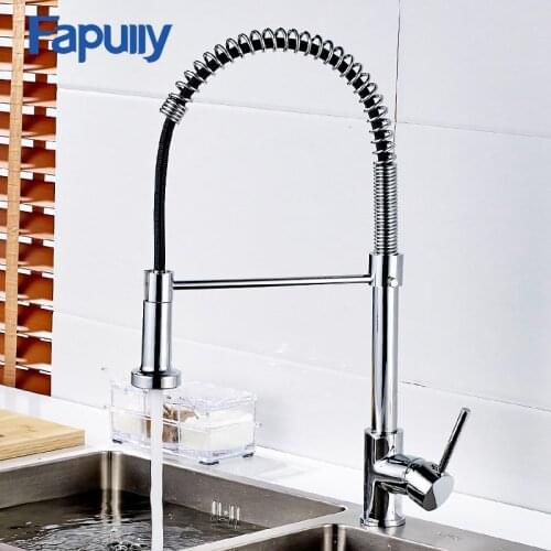 Fapully Kitchen Faucets Silver Chrome Faucet for Kitchen Sink Single Lever Pull Out Spring Spout Mixers Tap Hot Cold Water Crane