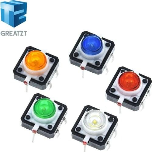 GREATZT 1PCS 12X12 Tactile Push Button Switch Momentary Tact LED Red Green Blue Yellow White 12*12*7.3mm