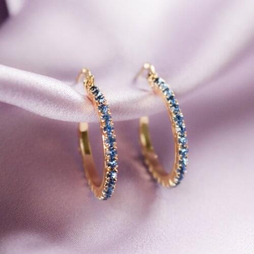 Huitan Gorgeous Women Hoop Earring Gold Color with Deep Blue Cubic Zirconia Noble Lady Wedding Party Daily Wear Fashion Jewelry