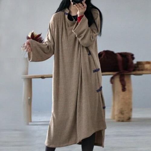 Johnature 2021 Autumn Cotton Loose Dress Long Sleeve New Casual Vintage Solid Color O-neck Button Women Dresses