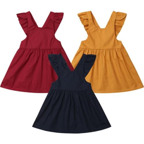 2019 Brand New Style Cute Kids Baby Girls Dress Ruffle Cotton SolidSuspender Dress Overalls Party Clothes