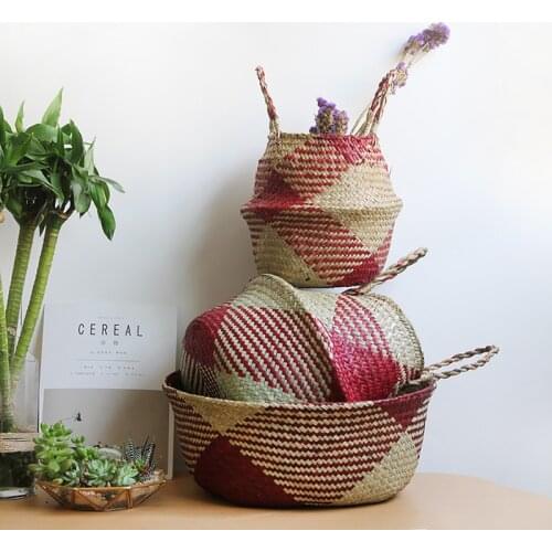 Seagrass Laundry Basket Natural Rattan Flower Basket Vase Planter Nursery Pot Belly Basket Straw Toys Organizer Home Decor