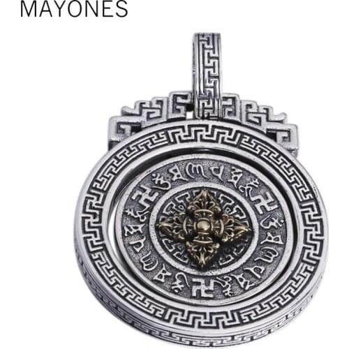 MAYONES 100% 925 Silver Tibetan OM Six Words Pendant Sterling Tibetan Dorje Pendant Vintage Pure Silver Buddhist Vajra Pendant