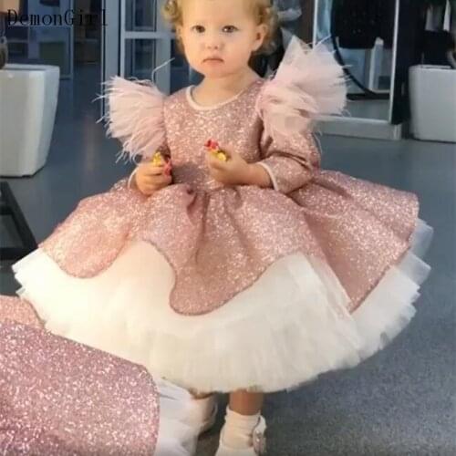 Cute Pink Girl Dresses Glittler Puffy Baby Girls Pageant Ball Gown Birthday Party Dress with Bow