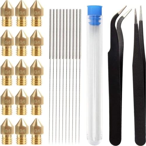 1 Set 0.4MM MK8 Nozzle 15 Extruder Nozzles 10 Cleaning Needles 2 Tweezers 1 Transparent Storage Box for Makerbot CR-10 M6 Thread