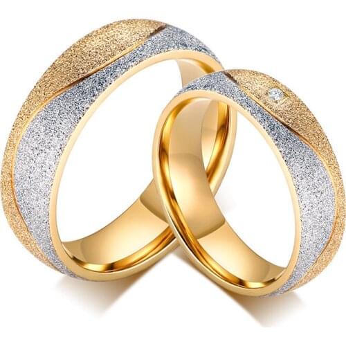 JHSL Stainless Steel Gold Color Lovers Couples Men Women Frosted Wedding Rings Set US size 5 6 7 8 9 10 11 12 13