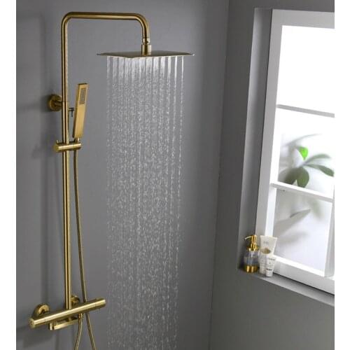 Bathroom Shower Faucet Set Brass Rainfall Shower Faucet Constant Temperat Shower Mixer 10" Head With Handheld Brushed Gold