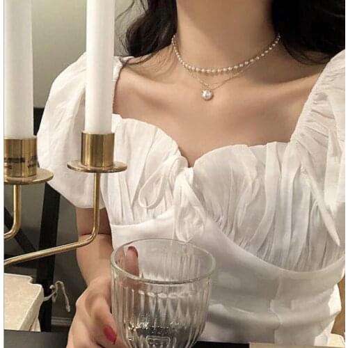 LIXIAO 2021 New Fashion Kpop Pearl Choker Necklace Cute Double Layer Chain Pendant For Women Jewelry Girl Gif