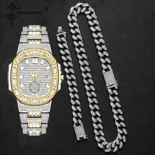 Necklace+Watch+Bracelet Set Hip Hop Miami Curb Cuban Chain Two Color Iced Out Paved Rhinestones CZ Bling Rapper For Men Jewelry