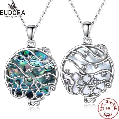 EUDORA New 925 Sterling Silver Star Planet Pendant 2 Style Mother of Pearl Shell Necklace 3 Cats Necklace Fine Jewelry with Box