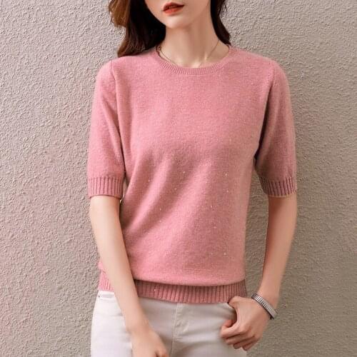 Half Sleeve Sweaters Women Jackets 100% Wool Knitting Cardigans Fashion Sweaters O-Neck Women Beaded Sweaters