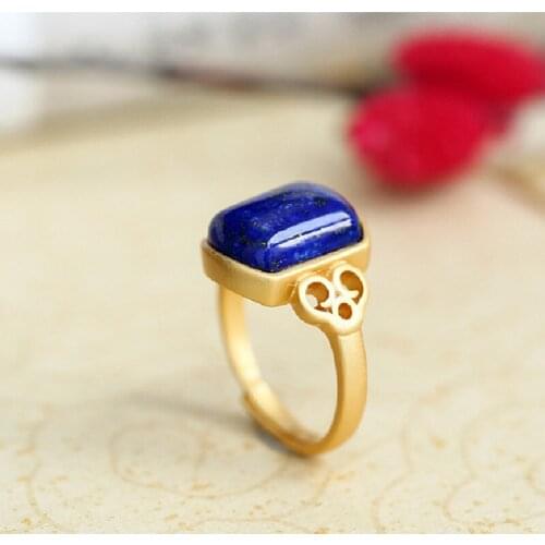 S925 Sterling Silver Gold-plated Inlaid Natural Lapis Lazuli Geometric Ruyi Classic Retro Open Ring