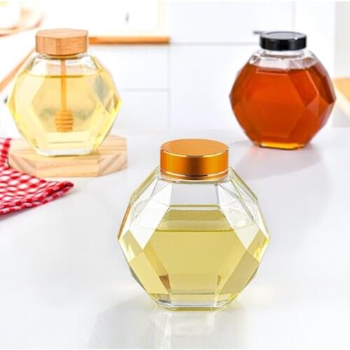 SFVEFVD 380ml Hexagonal Jam Glass Jars Transparent Honey Storage Bottle with Dipper Lid Home Kitchen Liquid Food Orgazation Box