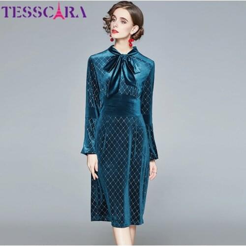 TESSCARA Women Winter Elegant Velvet Dress Festa High Quality Long Vintage Office Party Robe Femme Bow Designer Blue Vestidos