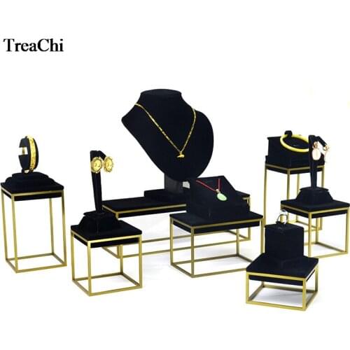 Stainless Steel Jewelry Display Counter Black Velvet Ring Pendant Earring Bangle Bracelet Cabinet Window Organizer DisplayStand