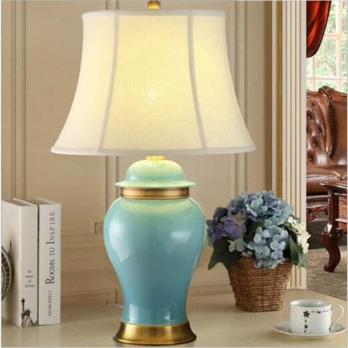 High End Handmade Blue/Green Chinese Ceramic Fabric E27 Table Lamp Dimmer for Living Room Bedroom Bedside Study H 67cm 1645