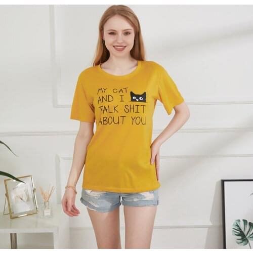 Summer Fashion Women Cotton Shirt Short Sleeve Round Collar Tops Cute Small Cat Graphic Printed T-shirts