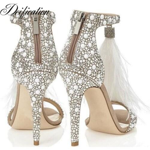 Deification Crystal Embellished Woman Pumps Feather Tassel Gladiator Sandals Women Fashion Ladies Stiletto Party Wedding Shoes