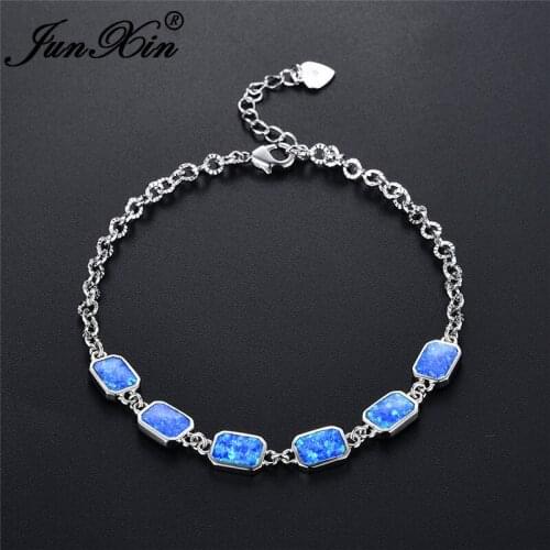 Cute Boho Female Blue Fire Opal Bracelet Unique Geometric Style silver color Chain Bracelets For Women Fashion Jewelry