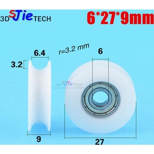 1pcs 6*27*9mm U groove wheel, POM rubber embedded bearing, small wheel, concave wheel, plastic pulley, door and window pulley
