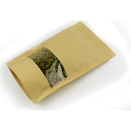 14*20+4 100pcs brown self zip lock kraft paper bags with window for gifts sweets and candy food tea jewelry retail package paper