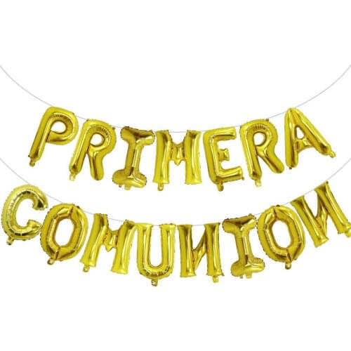 15pcs 16inch Letter Holy First Communion Decoration Silver Foil Balloons Banner Gold Spanish Primera Comunion Hanging Bunting