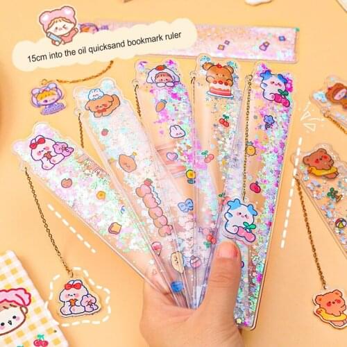 15cm Into The Oil Quicksand Bookmark Ruler Girl Heart Learning Pendant Scale Multifunctional Pendant Painting Ruler