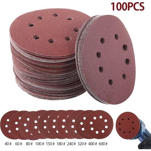 100pcs 5Inch 125mm Round Sandpaper Eight Hole Disk Sand Sheets Grit 40-600 Hook and Loop Sanding Disc Abrasives for Polish