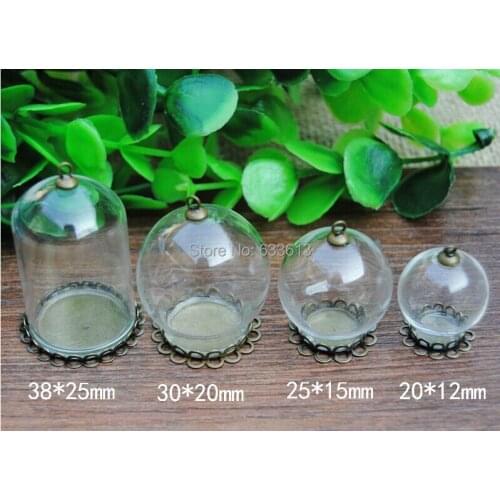 Free shipping 50set mix size Glass bubble & bronze lace base& 6mm cap Set DIY glass cover vial pendant findings DIY glass bottle