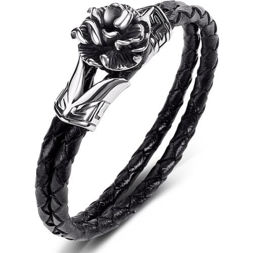 Black Red Genuine Leather Braided Bracelet Men Jewelry Punk Party Bangles Stainless Steel Flower Shape Male Wristband Gifts P538