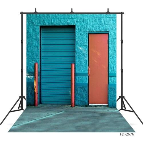 Blue Brick Wall Door Gray Floor Photographic Background Vinyl Cloth Backdrops for Children Baby Portrait Photocall Photobooth