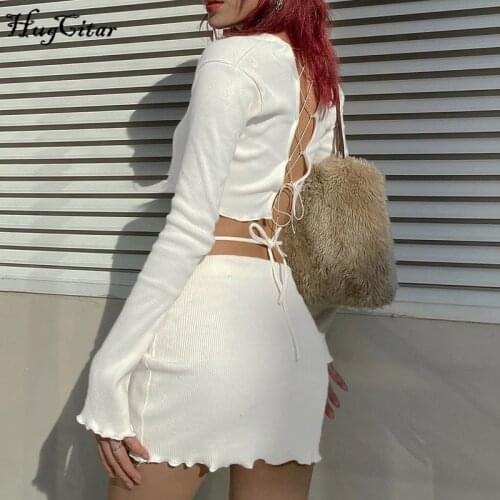 Hugcitar 2020 long sleeve bandage sexy skirt 2 pieces set autumn winter women fashion streetwear tracksuit white pure cute wear
