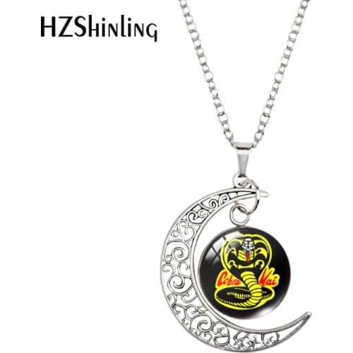 Cobra kai Pattern Moon Pendants Moon Necklace Glass Cabochon Dome Handmade Craft Women Gifts