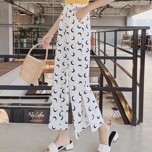 Korean Black White Womens Loose Causal Wide Leg Pants Moon Printed Elastic High Waist Trousers Summer Pants 2021