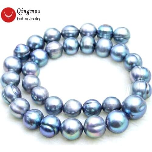Qingmos 11-14mm Round Natural Freshwater Black Pearl Beads for Jewelry Making DIY Necklace Bracelet Earring Loose Strands 14"